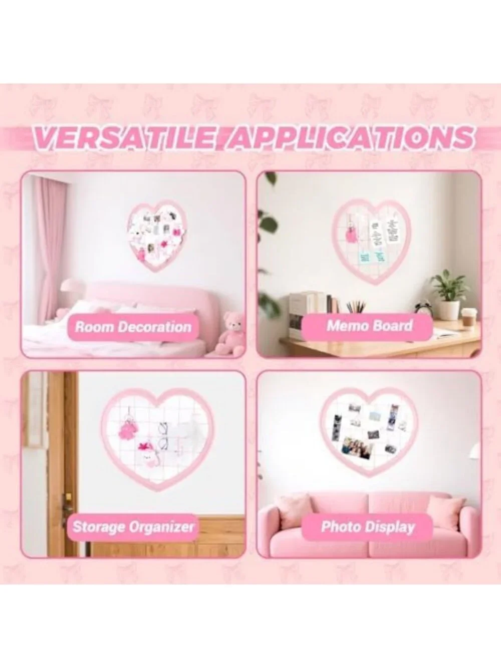 Pink Heart-Shaped Wire Wall Grid Panel for Photo Display & Room Decor